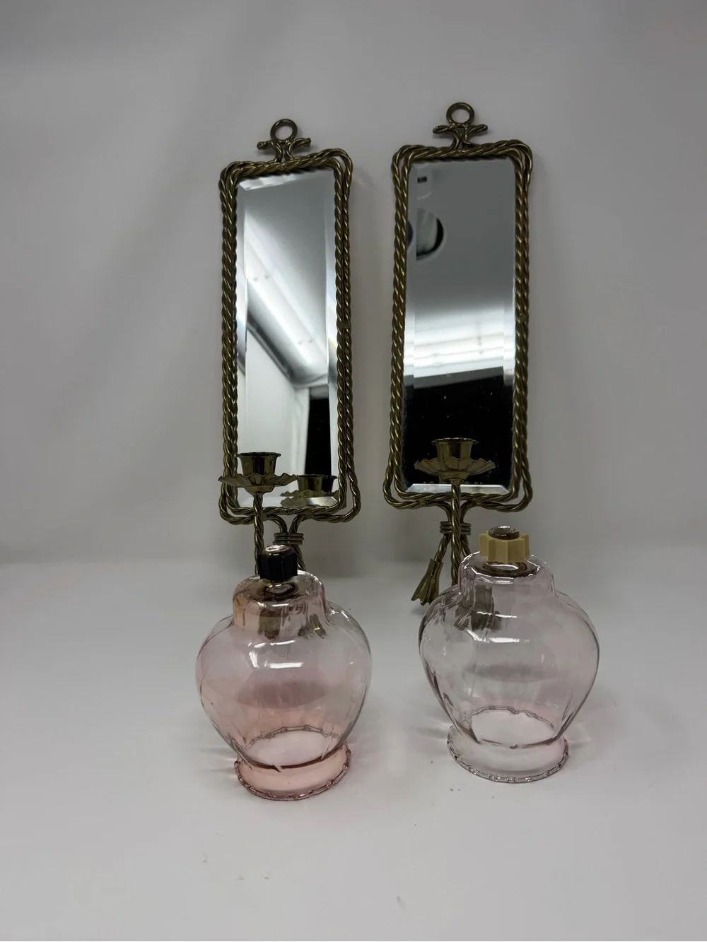VTG Hollywood Regency Mirrored Wall Sconce Candle Holders Rope Tassels Set of 2